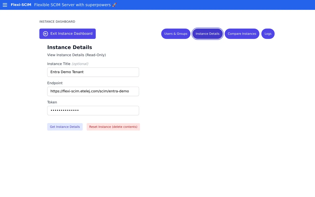 Flexi-SCIM instance details showing the endpoint URL, masked token, and reset controls