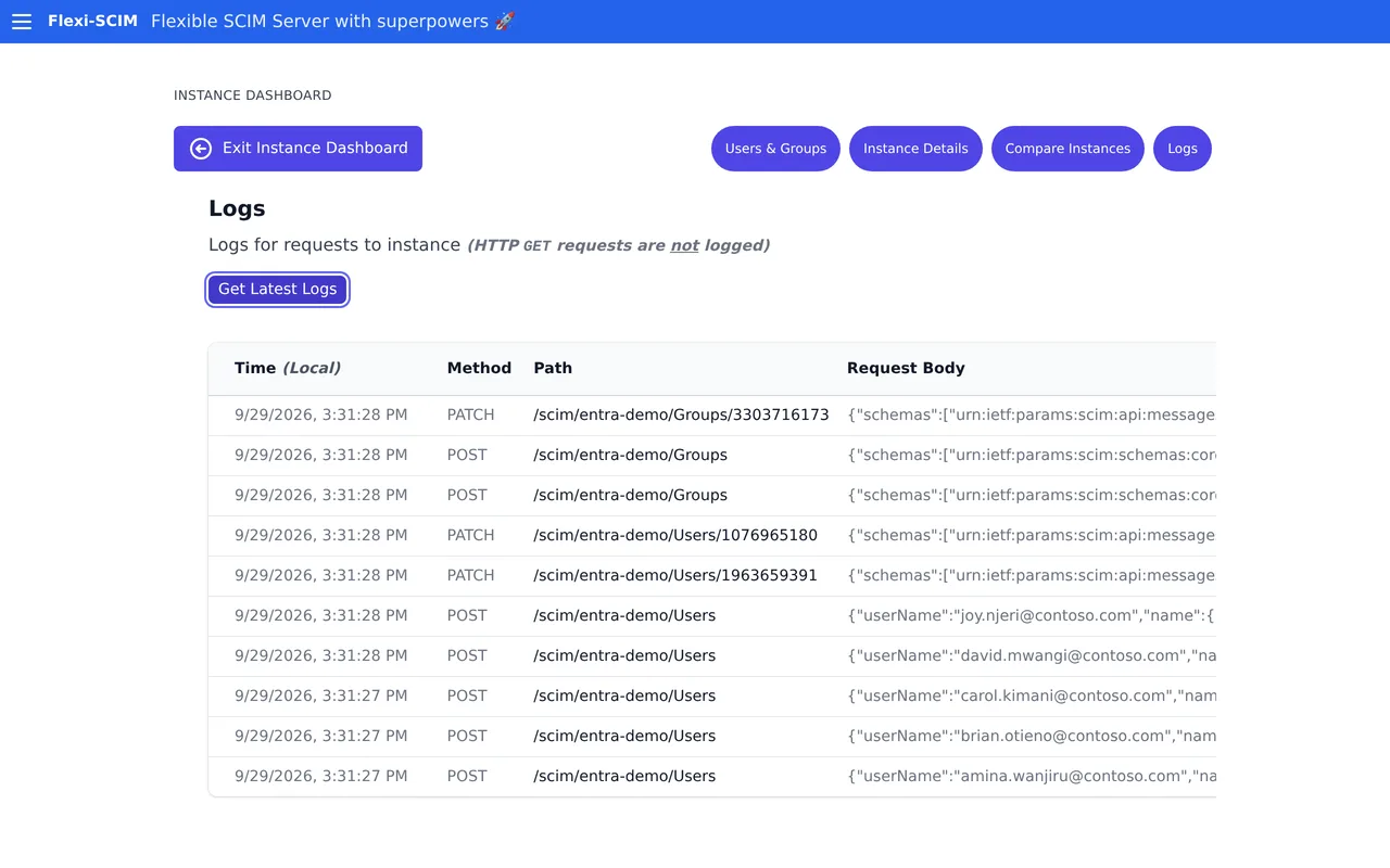 Flexi-SCIM request log listing POST and PATCH provisioning requests with methods, paths, and bodies