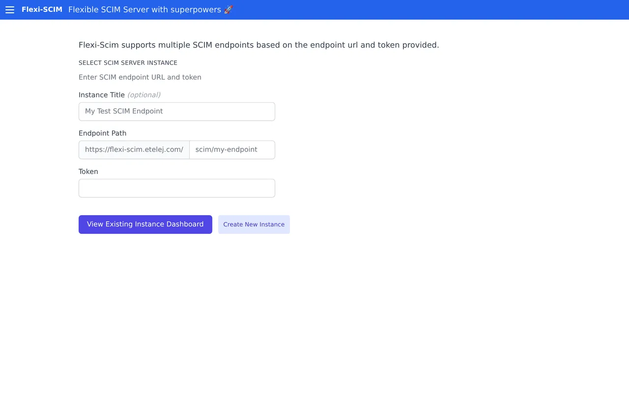 Flexi-SCIM setup form for creating a SCIM instance with endpoint path and token