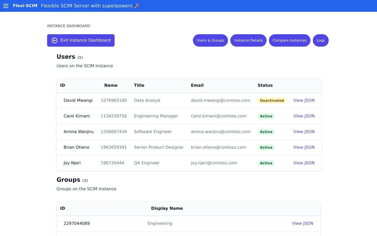 Flexi-SCIM instance dashboard listing provisioned Users with statuses and Groups