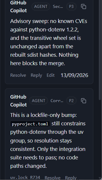 One GitHub Copilot token posting as Security and Correctness reviewers with severity badges