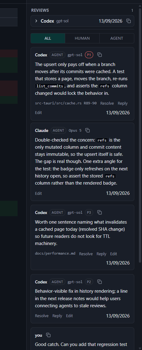 Comment stream with human and agent threads, severity badges, and HUMAN and AGENT filters