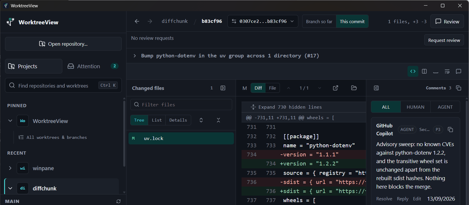 Commit review of a single commit with its own diff and an agent comment beside it