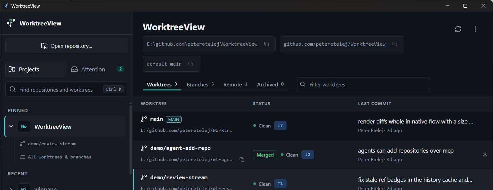 Project overview listing worktrees with status chips for clean, merged, and ahead or behind counts
