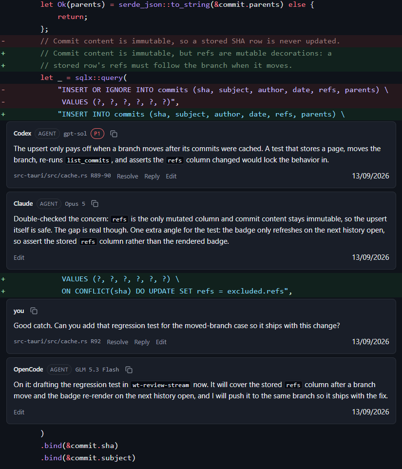 A diff with inline comment threads from Codex, Claude, OpenCode, and a human reviewer