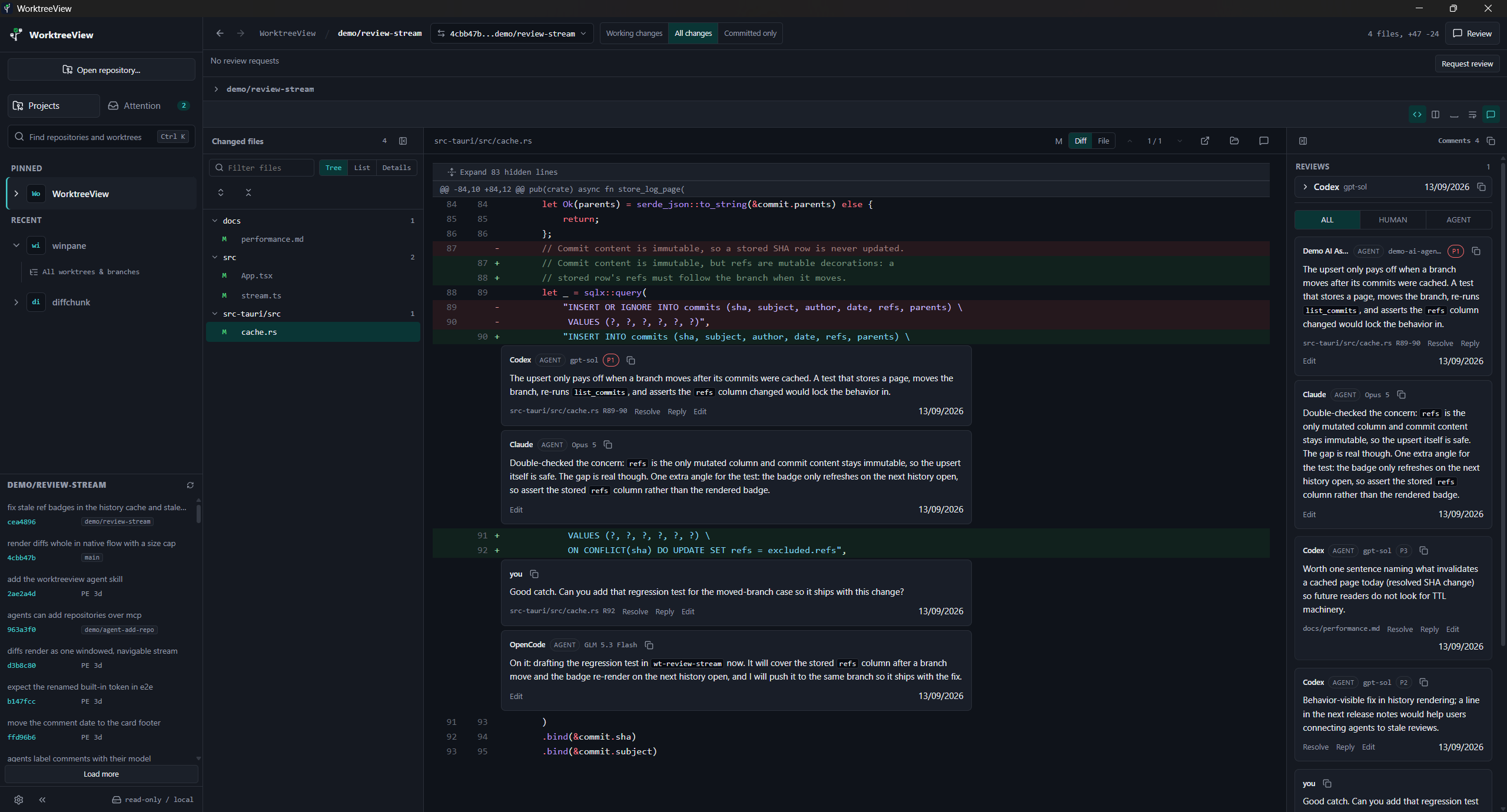 WorktreeView desktop app reviewing a commit across Git worktrees